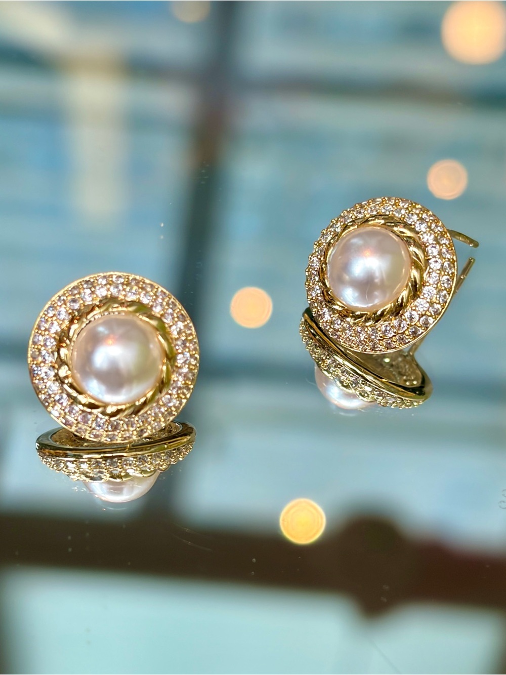 New Gold Plated Twist Wreath Pearl Halo S925 Post Earrings Stud